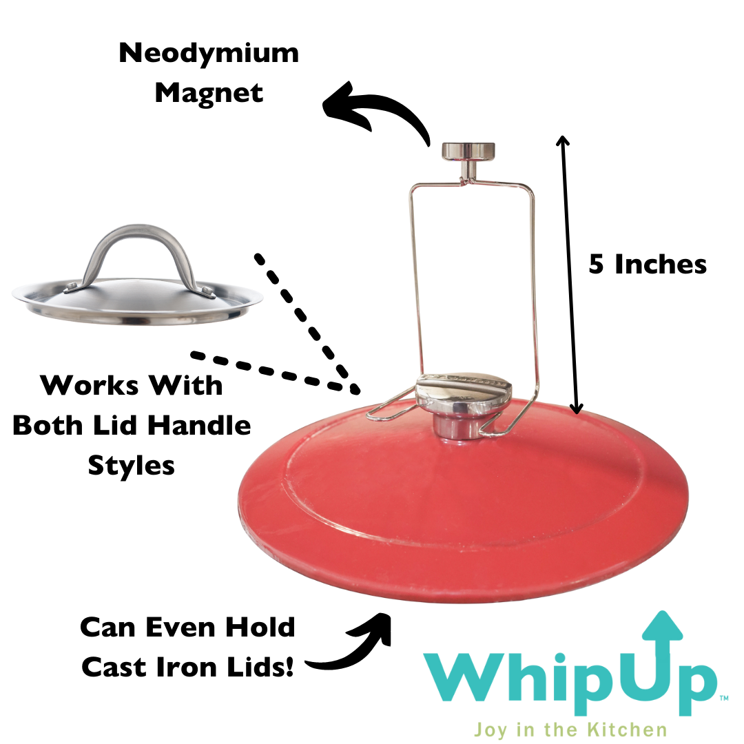 Hanging pot lid holder. Whipup pan lid holder while cooking. Can hold cast iron lids. Neodymium magnet.