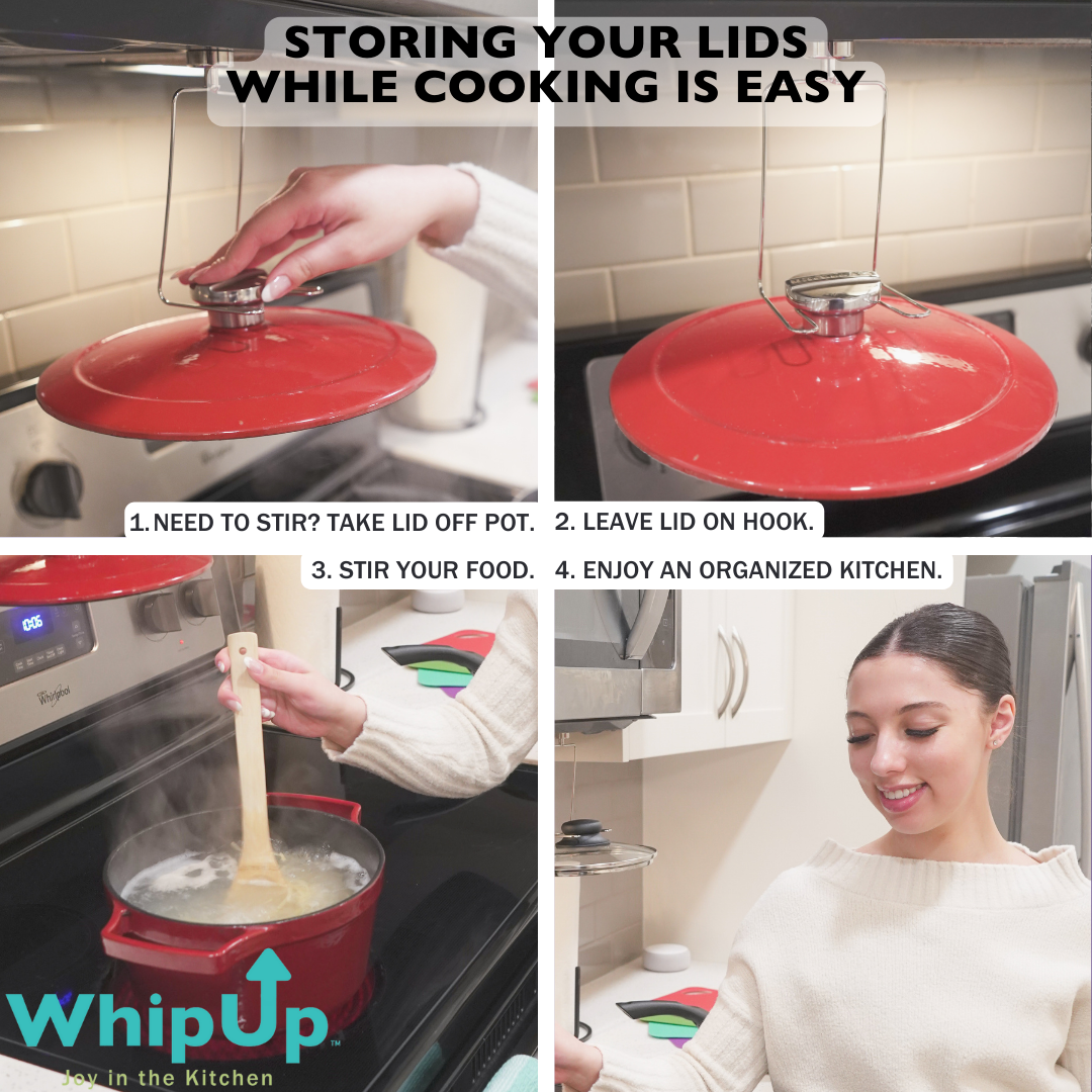 Whip up pot lid organizer hanging while cooking