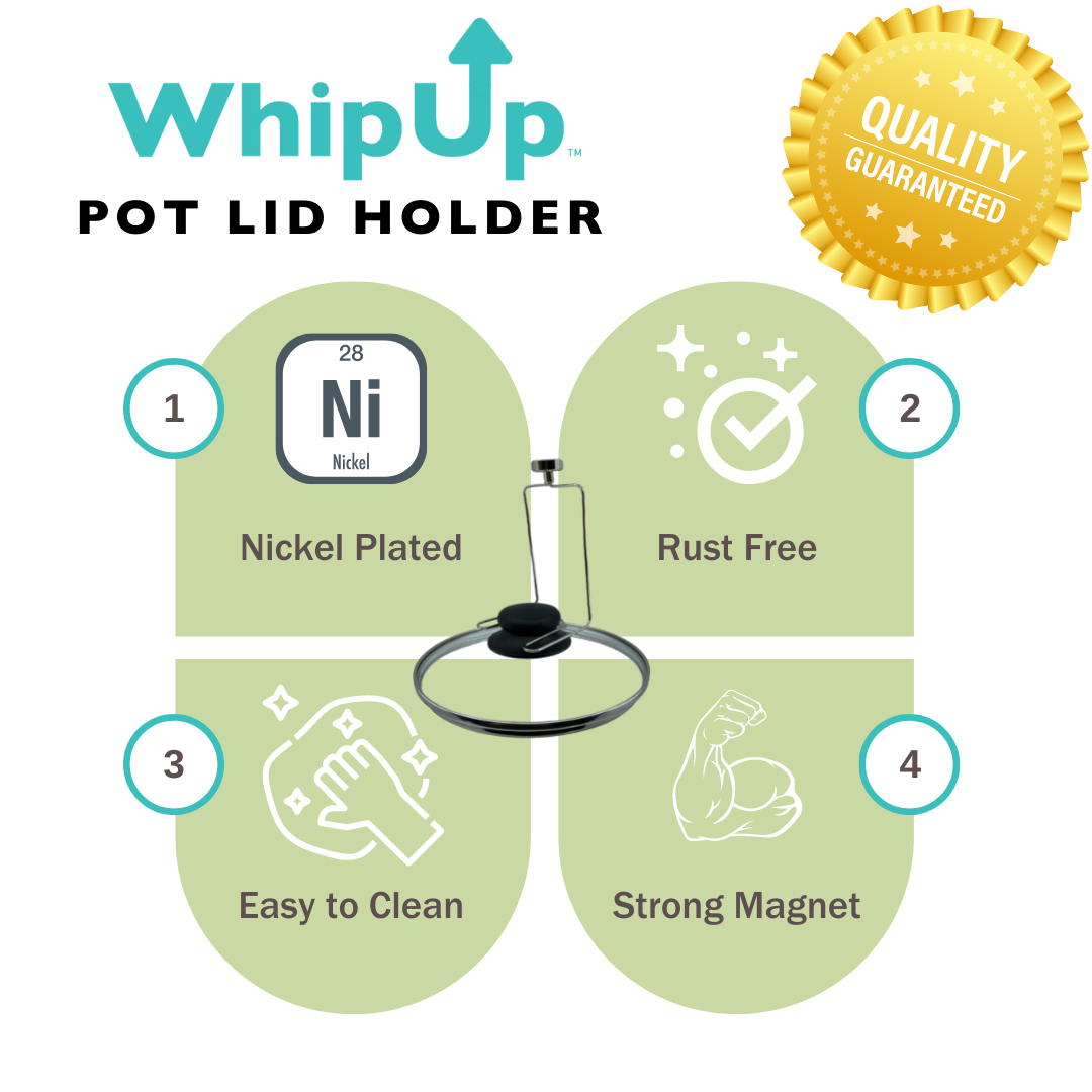 Whipup pot lid rest while cooking. Nickel plated. Rust free. Easy to clean. Strong magnet. Quality guaranteed. 
